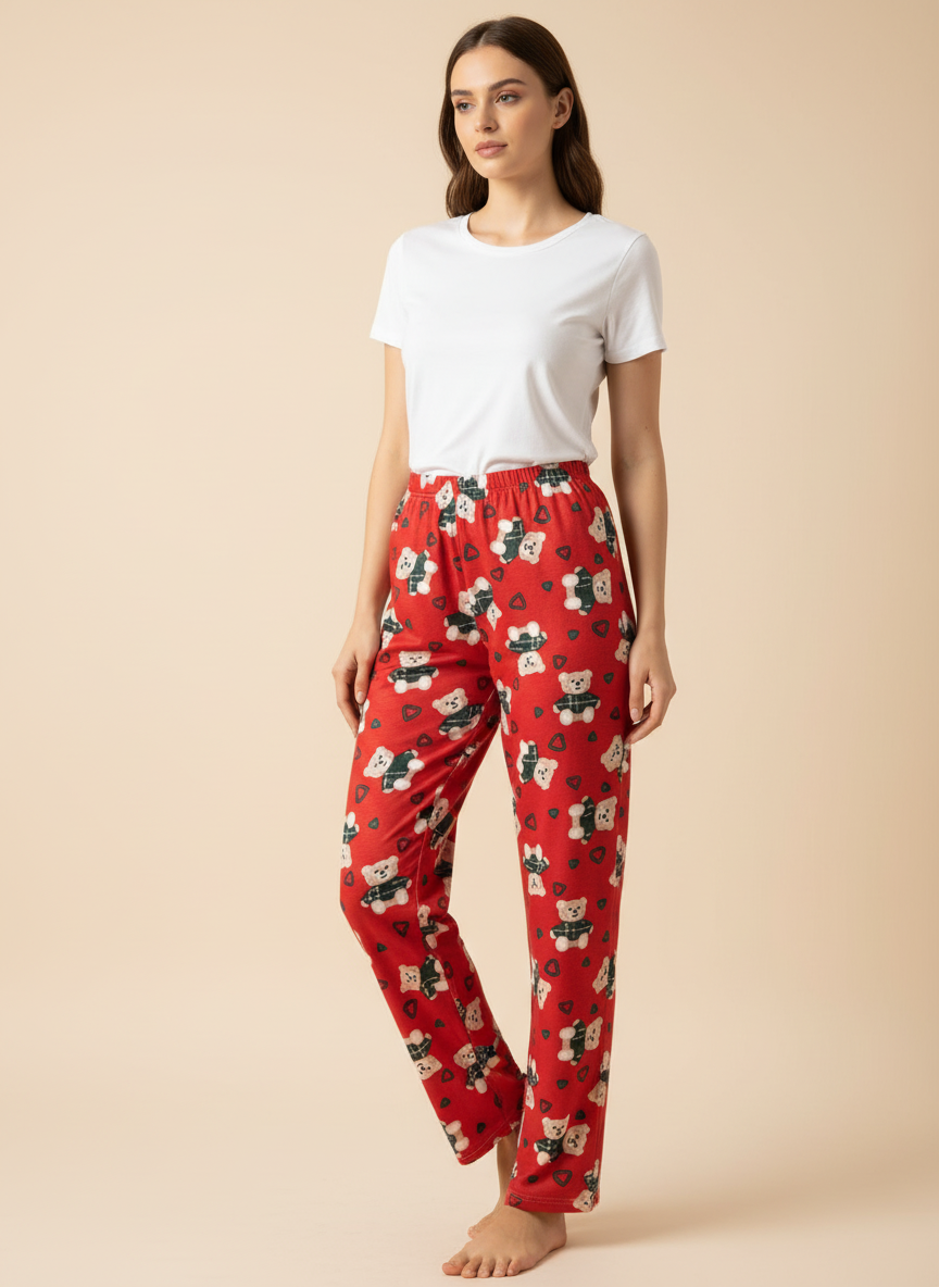 Kadın Ayıcık Desenli Kırmızı Pijama Altı - Kalp Motifli Pamuklu Ev Pantolonu