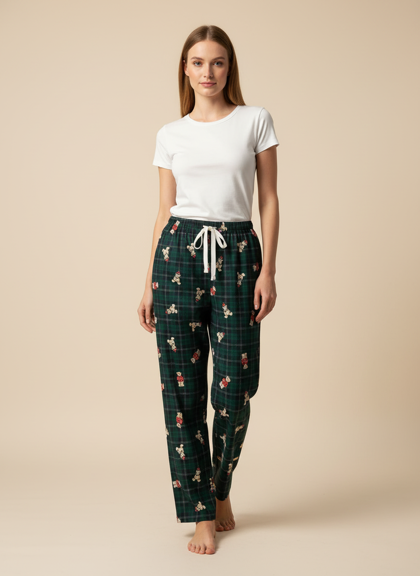 Kadın Ekose Desenli Yeşil Pijama Altı - Ayıcık Baskılı Pamuklu Pijama