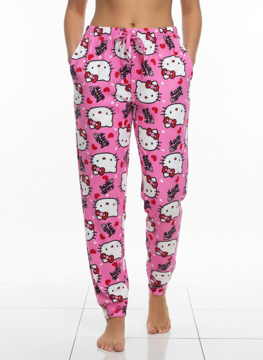Kadın Hello Kitty Desenli Pembe Pijama Altı - Kalp Baskılı Pamuklu Pijama