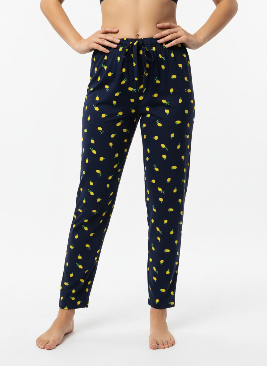 Kadın Lacivert Limon Desenli Pijama Altı - Rahat Kesim Pamuklu Pijama Pantolon