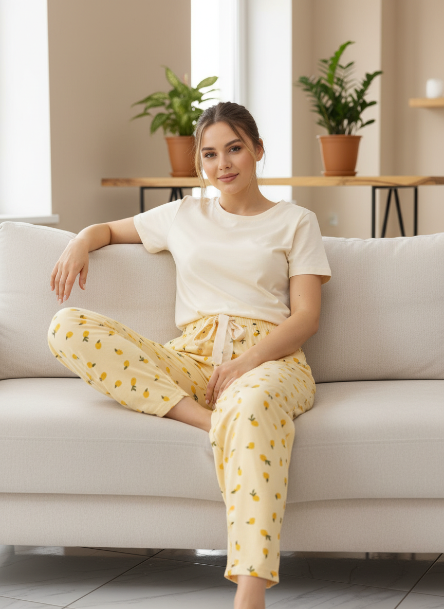 Kadın Limon Desenli Sarı Pijama Altı - Pamuklu Ev Pantolonu Kurdeleli