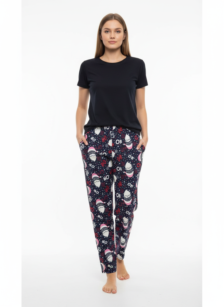 Kadın Noel Baba Desenli Lacivert Pijama Altı - Yılbaşı Temalı Pamuklu Ev Pantolonu