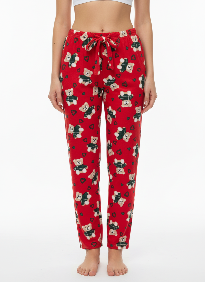 Kadın Ayıcık Desenli Kırmızı Pijama Altı - Kalp Motifli Pamuklu Ev Pantolonu