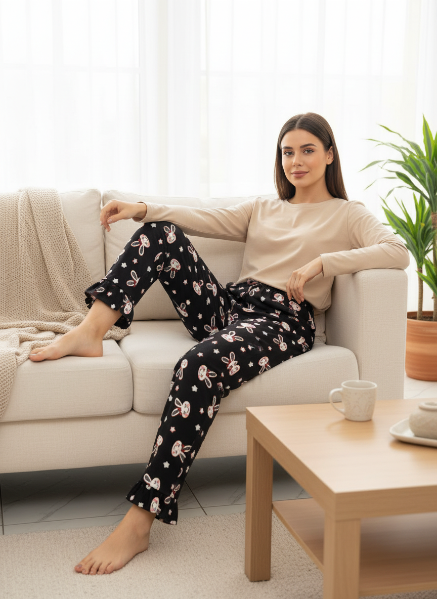 Kadın Siyah Tavşan Desenli Pijama Takımı - Uzun Kollu Pamuklu Ev Pijaması