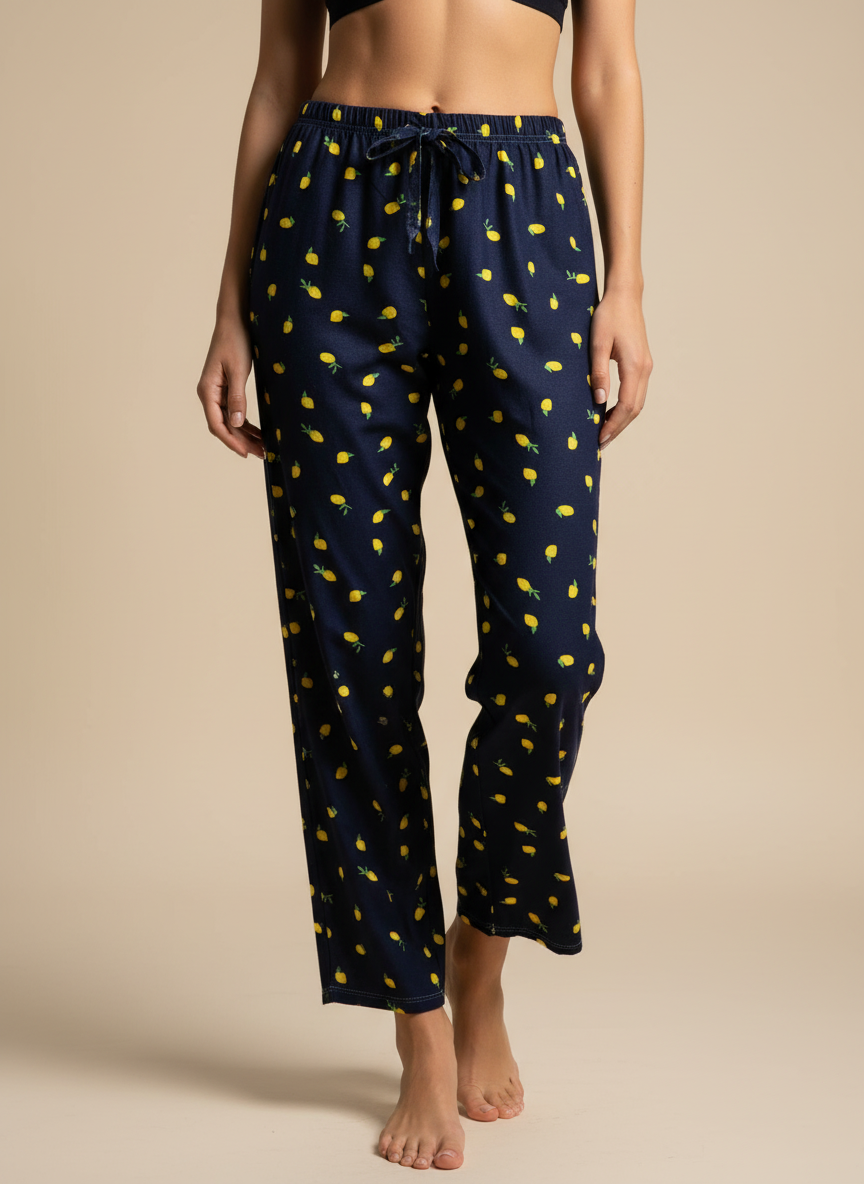 Kadın Lacivert Limon Desenli Pijama Altı - Rahat Kesim Pamuklu Pijama Pantolon