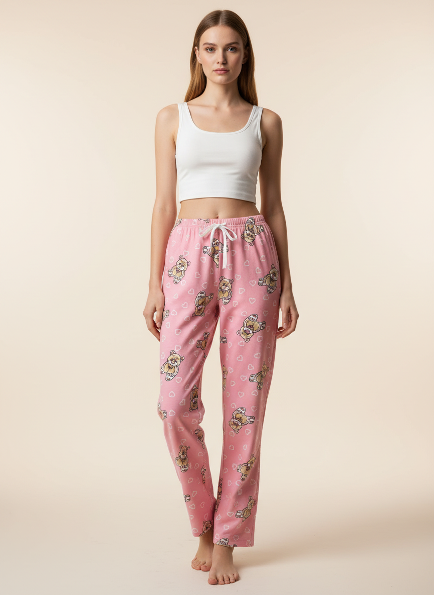 Kadın Ayıcık Desenli Pembe Pijama Altı - Pamuklu Ev Pantolonu Kalp Baskılı