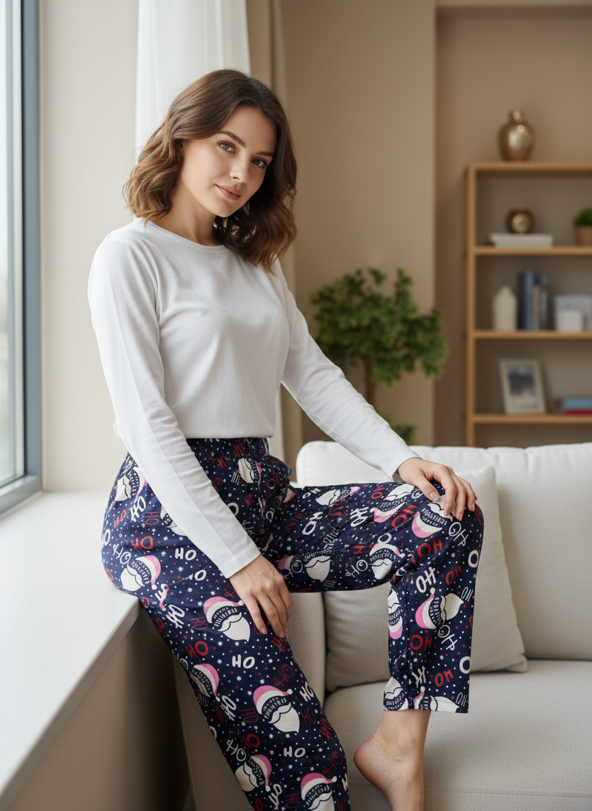 Kadın Noel Baba Desenli Lacivert Pijama Altı - Yılbaşı Temalı Pamuklu Ev Pantolonu