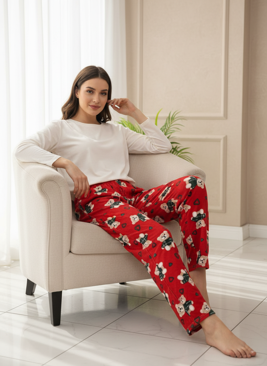 Kadın Ayıcık Desenli Kırmızı Pijama Altı - Kalp Motifli Pamuklu Ev Pantolonu