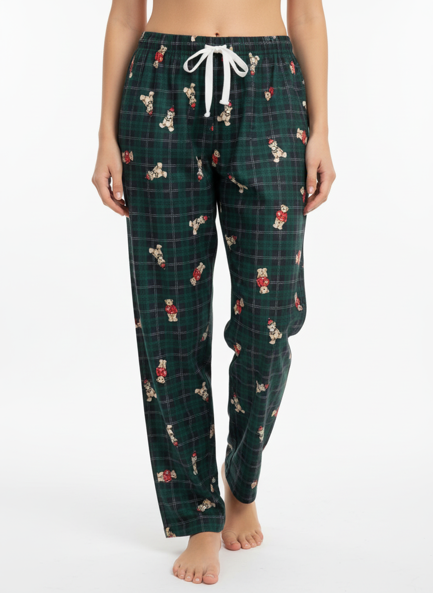 Kadın Ekose Desenli Yeşil Pijama Altı - Ayıcık Baskılı Pamuklu Pijama
