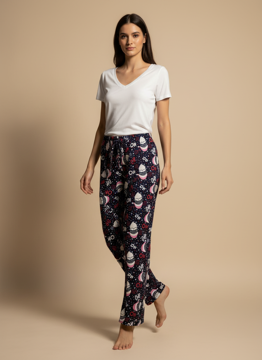 Kadın Noel Baba Desenli Lacivert Pijama Altı - Yılbaşı Temalı Pamuklu Ev Pantolonu