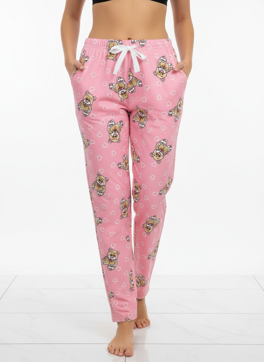 Kadın Ayıcık Desenli Pembe Pijama Altı - Pamuklu Ev Pantolonu Kalp Baskılı