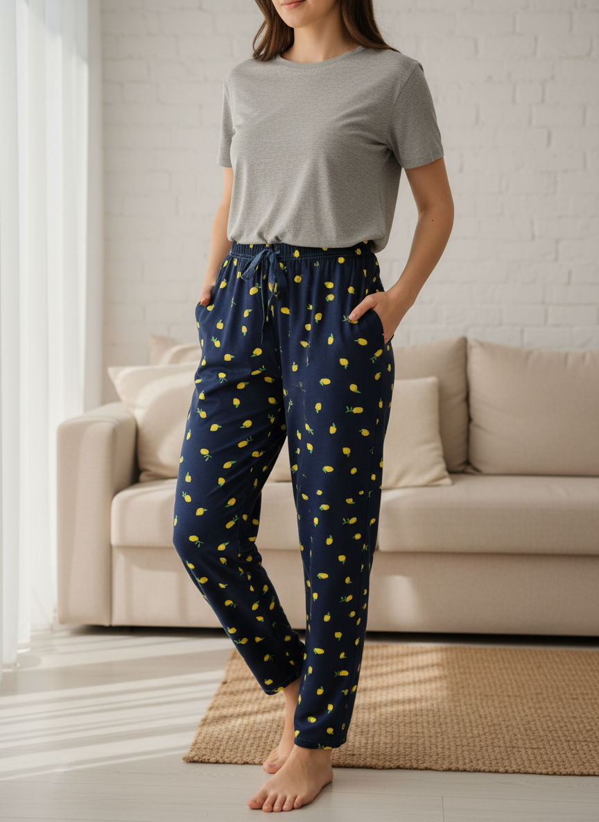 Kadın Lacivert Limon Desenli Pijama Altı - Rahat Kesim Pamuklu Pijama Pantolon