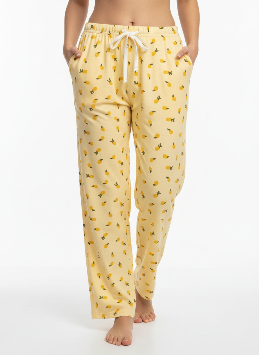 Kadın Limon Desenli Sarı Pijama Altı - Pamuklu Ev Pantolonu Kurdeleli