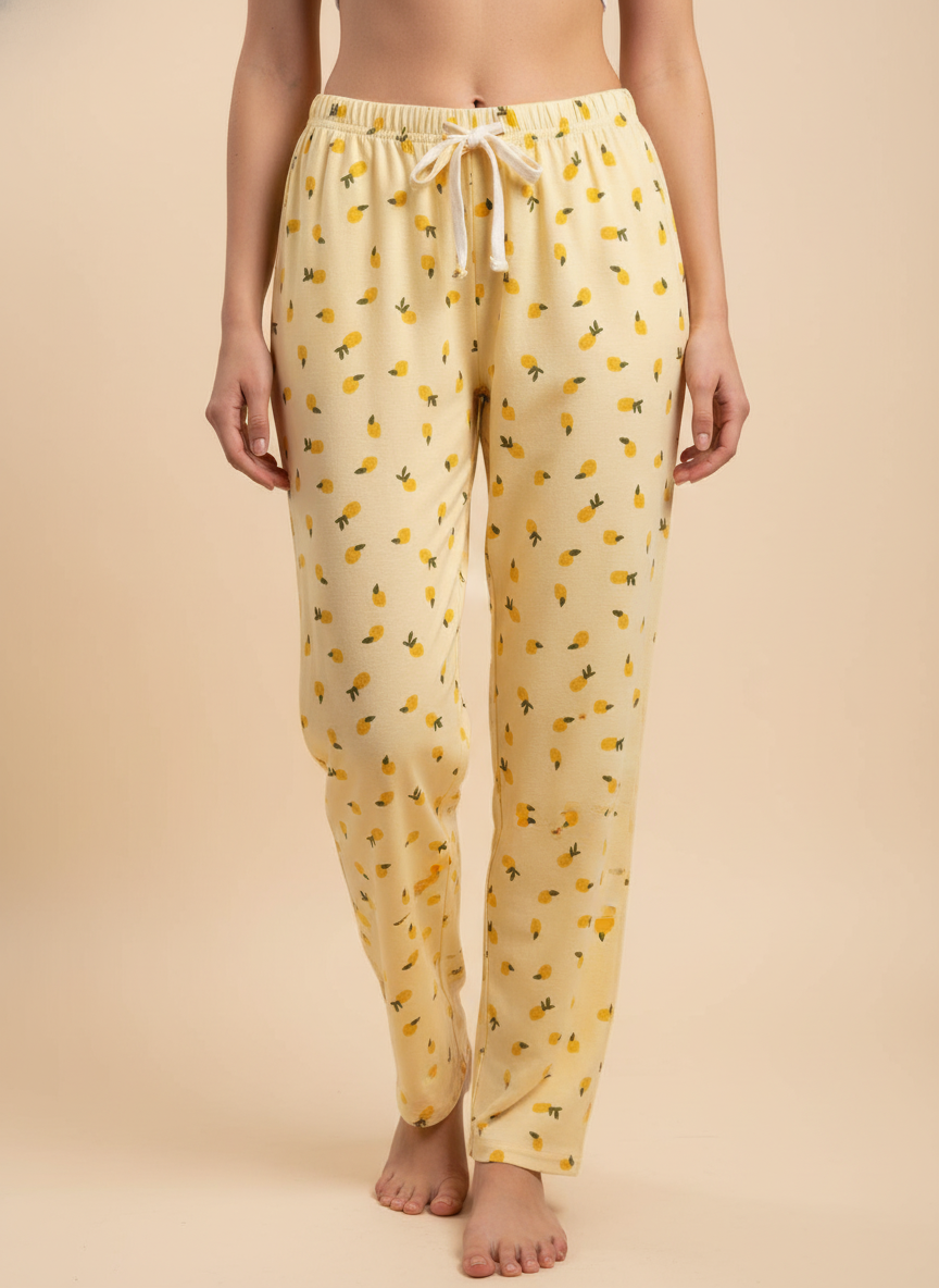 Kadın Limon Desenli Sarı Pijama Altı - Pamuklu Ev Pantolonu Kurdeleli