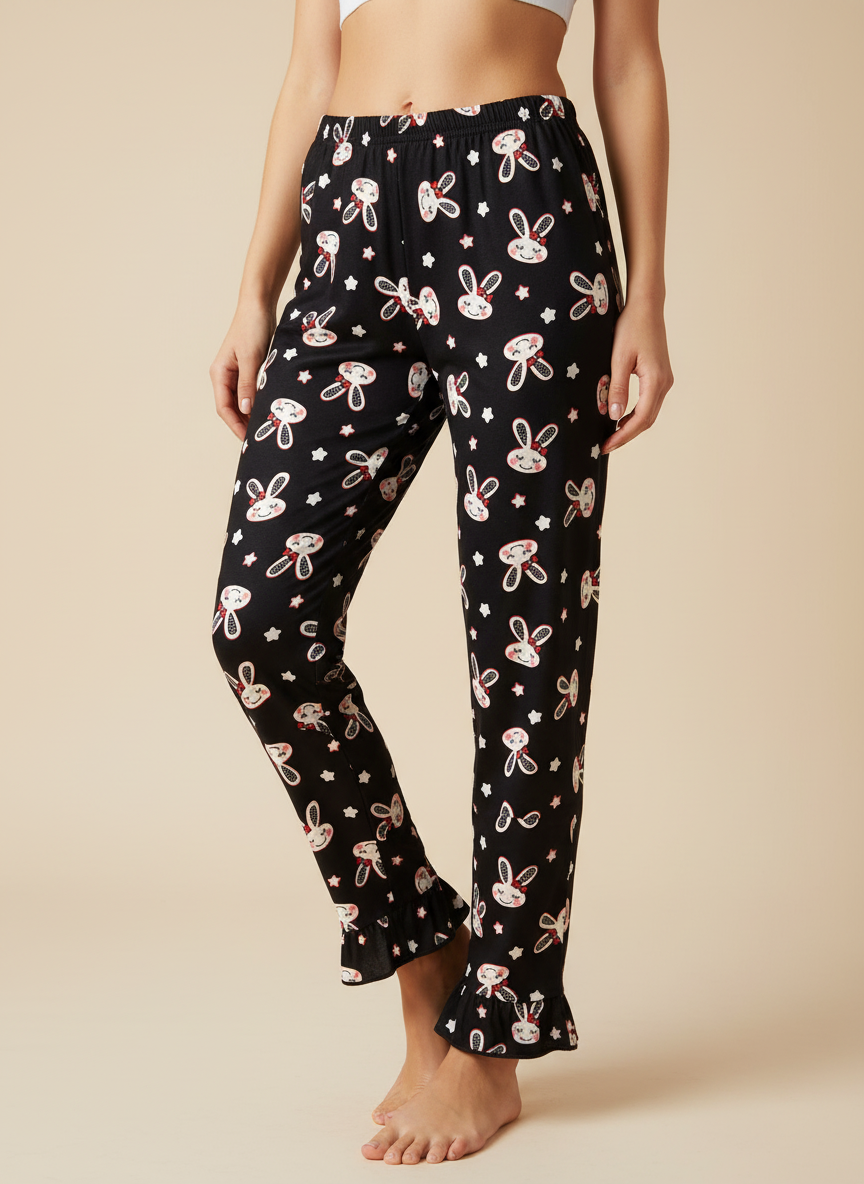 Kadın Siyah Tavşan Desenli Pijama Takımı - Uzun Kollu Pamuklu Ev Pijaması